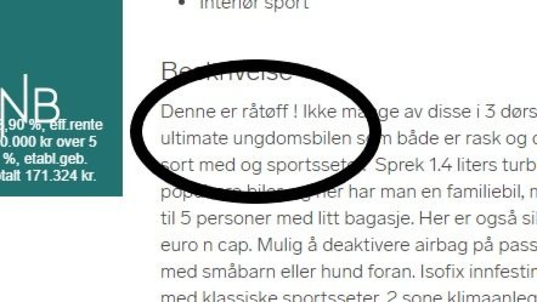 UNGDOMSBILER: Biler som passer for ungdom beskriver gjerne deretter. Faksimile fra Finn. UNGDOMSBILER: Biler som passer for ungdom beskriver gjerne deretter. Faksimile fra Finn.