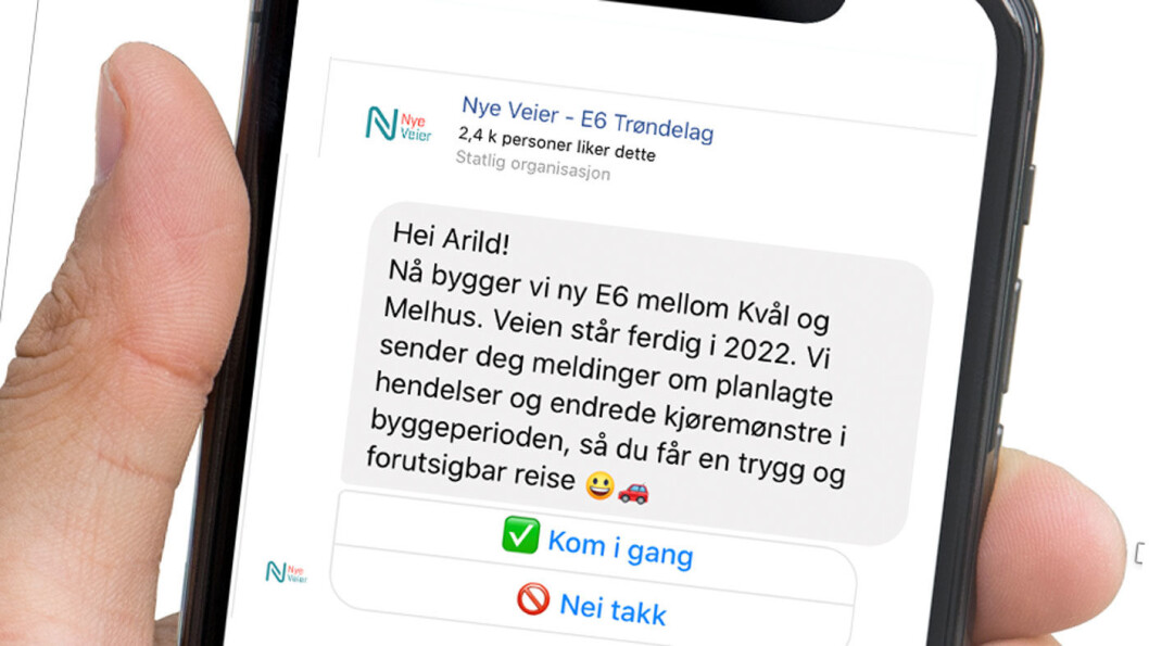 VARSLING: Den digitale nyhetstjenesten er foreløpig et pilotprosjekt knyttet til byggingen av den 7 km lange strekningen mellom Kvål og Melhus. Foto: Skjermdump fra mobiltelefon VARSLING: Den digitale nyhetstjenesten er foreløpig et pilotprosjekt knyttet til byggingen av den 7 km lange strekningen mellom Kvål og Melhus. Foto: Skjermdump fra mobiltelefon