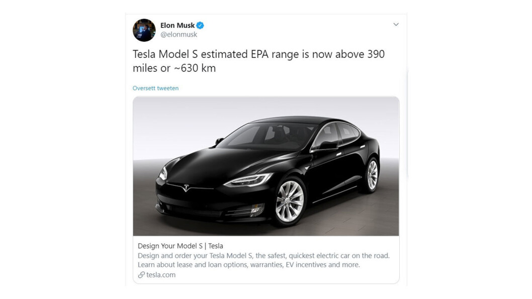 HILSEN FRA OVEN: Tesla-sjef Elon Musk tvitret om rekkevidde-økningen i går. HILSEN FRA OVEN: Tesla-sjef Elon Musk tvitret om rekkevidde-økningen i går.