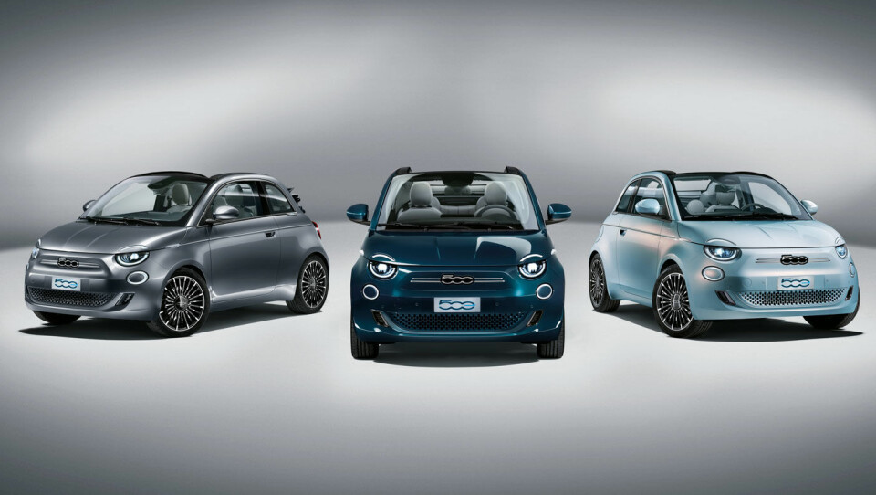 ELEKTRISK IKON: Nye Fiat 500 kommer i helelektrisk utgave med rekkevidde på over 30 mil. I første omgang bare i 500 velutstyrte eksemplarer – i disse tre fargene. Foto: Fiat