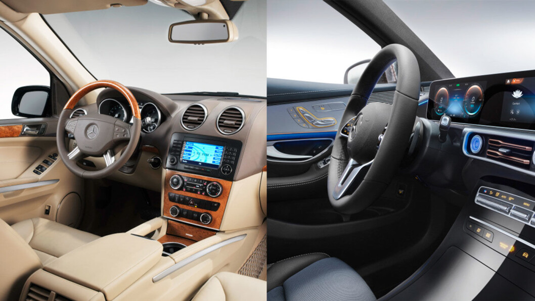 FØR OG NÅ: Omgivelsene rundt godstolen i Mercedes-merkets gamle flaggskip, GL-klasse, er ikke helt den samme som i nye elektriske EQC. Foto: Daimler FØR OG NÅ: Omgivelsene rundt godstolen i Mercedes-merkets gamle flaggskip, GL-klasse, er ikke helt den samme som i nye elektriske EQC. Foto: Daimler