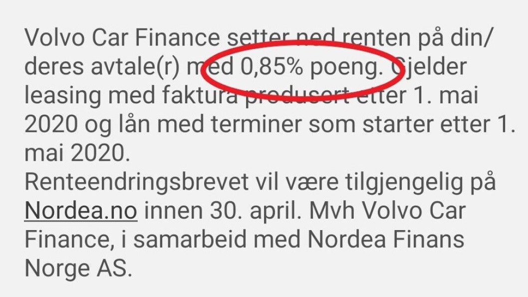 KRAFTIG KUTT: Slike hyggelige meldinger har noen leasingkunder fått. Faksimile av rentebrev. KRAFTIG KUTT: Slike hyggelige meldinger har noen leasingkunder fått. Faksimile av rentebrev.