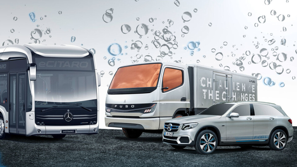 EN SKAL UT: Den minste av disse tre er historie. Nå fortsetter likevel hydrogensatsingen for de to andre: Daimler skal fra nå av samarbeide med Volvo om brenselcelledrevet tungtransport.