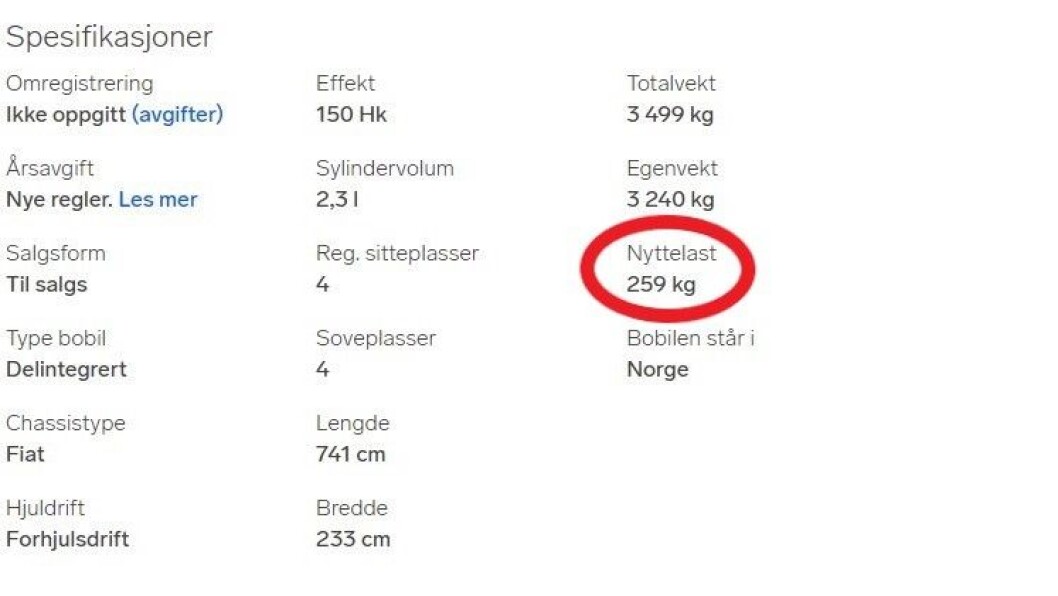 259 KG: Her kan ikke passasjerene og alt utstyret man vil ha med veie mer enn 259 kg – til sammen. Faksimile av annonse for bobil. 259 KG: Her kan ikke passasjerene og alt utstyret man vil ha med veie mer enn 259 kg – til sammen. Faksimile av annonse for bobil.