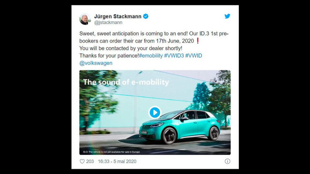 NÆRMER SEG: Fra 17. juni kan VW ID.3, i spesialutgaven 1st, bestilles. Det opplyser markedssjef Jürgen Stackmann i en tweet. NÆRMER SEG: Fra 17. juni kan VW ID.3, i spesialutgaven 1st, bestilles. Det opplyser markedssjef Jürgen Stackmann i en tweet.