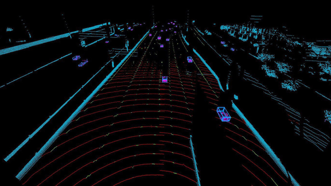 LASER-IMPULSER: Laserstrålene fra LiDAR-en treffer objektene rundt bilen og impulsene fôres i sanntid til bilens datasystemer. Foto: Volvo Car LASER-IMPULSER: Laserstrålene fra LiDAR-en treffer objektene rundt bilen og impulsene fôres i sanntid til bilens datasystemer. Foto: Volvo Car