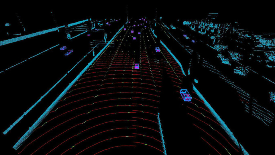 LASER-IMPULSER: Laserstrålene fra LiDAR-en treffer objektene rundt bilen og impulsene fôres i sanntid til bilens datasystemer. Foto: Volvo Car