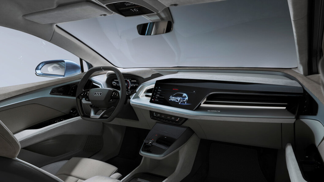 SYNLIG NÆR PRODUKSJONSKLAR: Det er ikke noe utenomjordisk konseptbilaktig i interiøret i konseptbilen Q4 e-tron som ble vist i Genève i fjor. SYNLIG NÆR PRODUKSJONSKLAR: Det er ikke noe utenomjordisk konseptbilaktig i interiøret i konseptbilen Q4 e-tron som ble vist i Genève i fjor.
