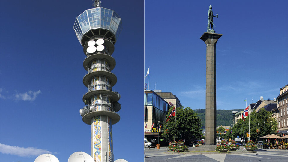 LANDEMERKER: Både TV-tårnet på Tyholt (t.v.) og minnesmerket over Olav Tryggvason på torget i Trondheim, markerer seg i terrenget. Tyholttårnet er 124 meter høyt, og 74 meter over bakken finner du en roterende restaurant. Foto: Wikimedia og Willy Haraldsen