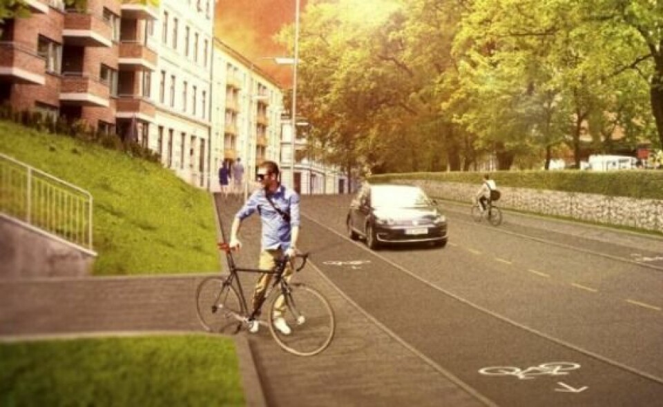 illustrasjon av syklist stående ved sin sykkel på fortau