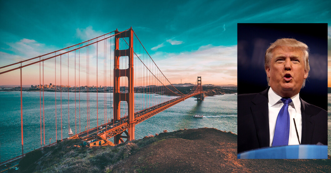 KONFRONTASJON: Hvilke utslipp skal være tillatt for bilene på Golden Gate Bridge, praktsymbolet på transport i California? President Donald Trump er på kollisjonskurs med lokale myndigheter. Foto: Foto: Joseph Barrientos og Gage Skidmore (innfelt) KONFRONTASJON: Hvilke utslipp skal være tillatt for bilene på Golden Gate Bridge, praktsymbolet på transport i California? President Donald Trump er på kollisjonskurs med lokale myndigheter. Foto: Foto: Joseph Barrientos og Gage Skidmore (innfelt)