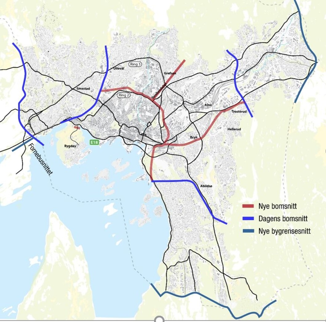 OSLO-TRIPPELEN: Bomring ved kommunegrensene mot Romerike, Follo og Bærum, dagens bomring, samt bomring rundt ring 2 med armer ved Bryn, Grefsen og egne bomstasjoner ved Fornebu og Bygdøy. (Illustrasjon: Statens vegvesen) OSLO-TRIPPELEN: Bomring ved kommunegrensene mot Romerike, Follo og Bærum, dagens bomring, samt bomring rundt ring 2 med armer ved Bryn, Grefsen og egne bomstasjoner ved Fornebu og Bygdøy. (Illustrasjon: Statens vegvesen)