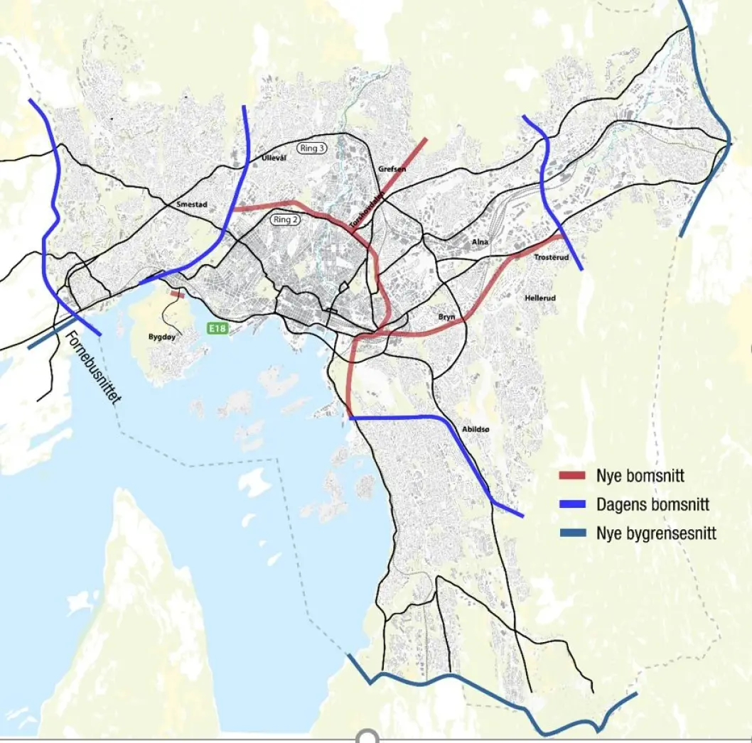 OSLO-TRIPPELEN: Bomring ved kommunegrensene mot Romerike, Follo og Bærum, dagens bomring, samt bomring rundt ring 2 med armer ved Bryn, Grefsen og egne bomstasjoner ved Fornebu og Bygdøy. (Illustrasjon: Statens vegvesen) OSLO-TRIPPELEN: Bomring ved kommunegrensene mot Romerike, Follo og Bærum, dagens bomring, samt bomring rundt ring 2 med armer ved Bryn, Grefsen og egne bomstasjoner ved Fornebu og Bygdøy. (Illustrasjon: Statens vegvesen)