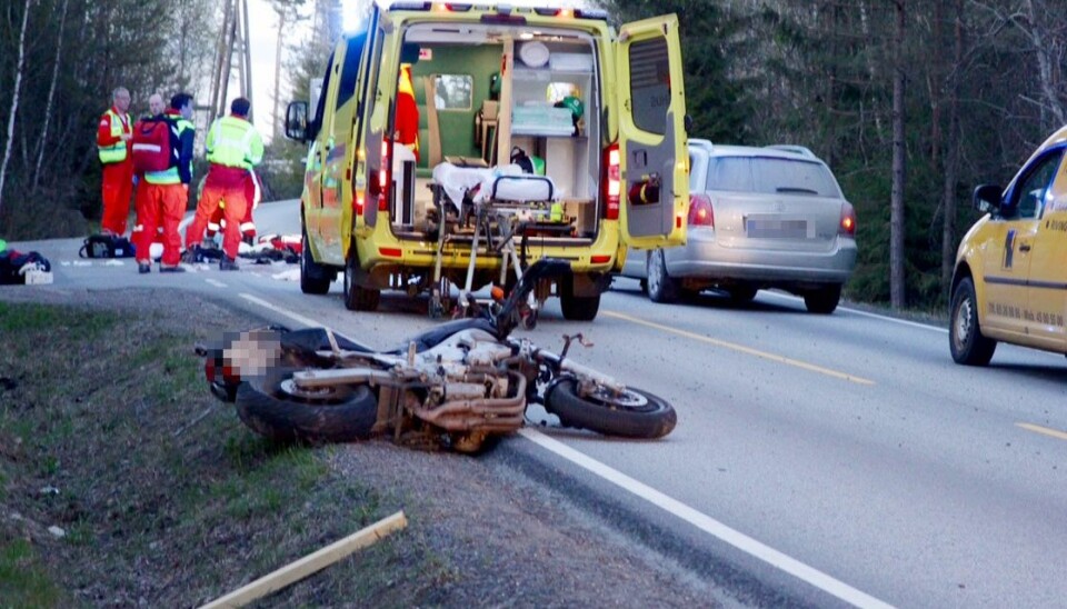 UTSATT: Motorsyklistene er ulykkesutsatt. Dette bildet er fra en ulykke i Vestby i Akershus 2015