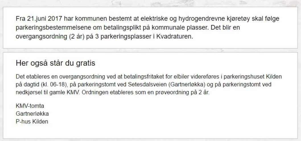 KJENTMANNSPRØVE: Man må være lokalkjent for å forstå hvor elbiler kan parkere gratis i Kristiansand. (Faksimile fra Krostiansand kommunes sider). KJENTMANNSPRØVE: Man må være lokalkjent for å forstå hvor elbiler kan parkere gratis i Kristiansand. (Faksimile fra Krostiansand kommunes sider).