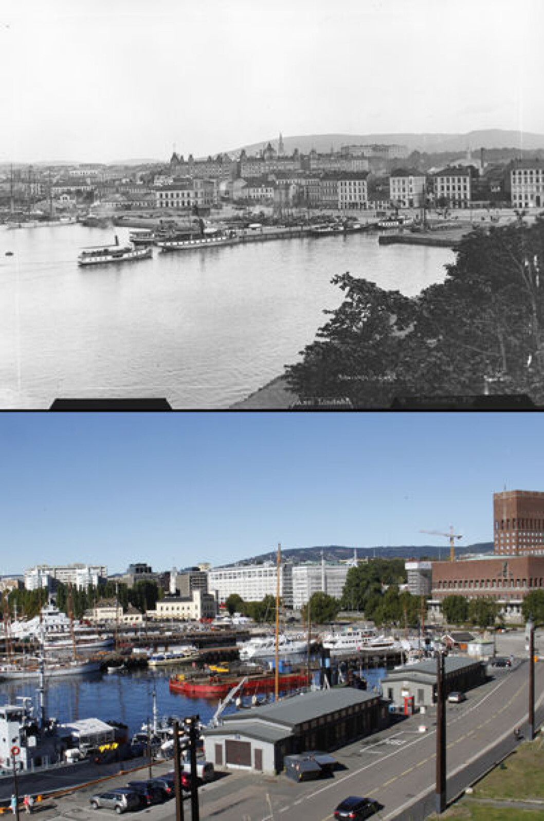 Ca. 1888 og 2013: Pipervika og Rådhuskaia i Oslo. Foto: Axel Lindahl/Oscar Puschmann Ca. 1888 og 2013: Pipervika og Rådhuskaia i Oslo. Foto: Axel Lindahl/Oscar Puschmann