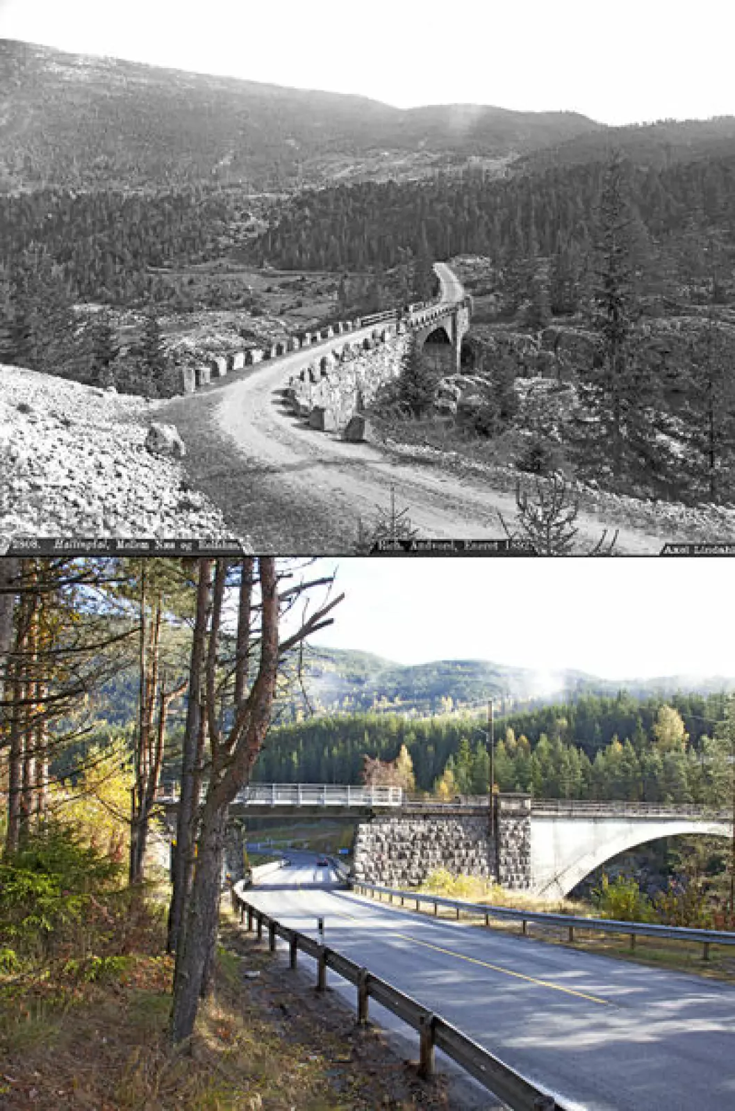 1890 og 2013: Svenkerud bro i Nes i Hallingdal, Buskerud. Foto: Axel Lindahl/Oscar Puschmann