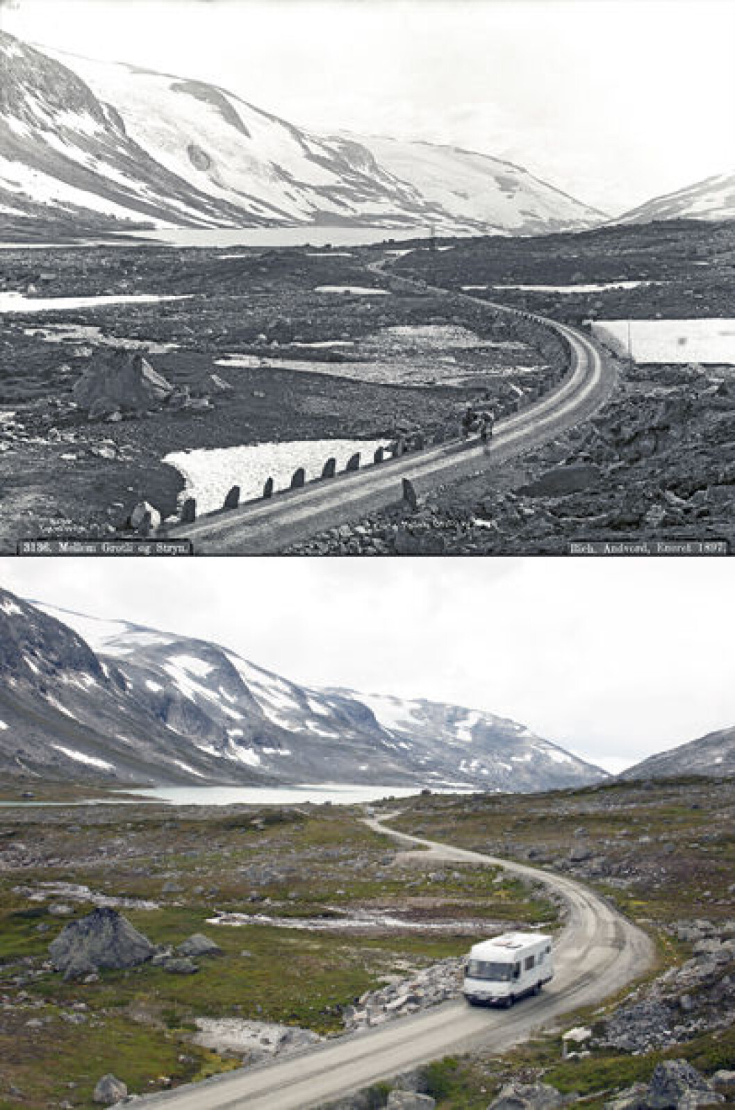 1896 og 2014: Gamleveien mellom Stryn og Grotli, i Skjåk i Oppland. Foto: Axel Lindahl/Oscar Puschmann 1896 og 2014: Gamleveien mellom Stryn og Grotli, i Skjåk i Oppland. Foto: Axel Lindahl/Oscar Puschmann