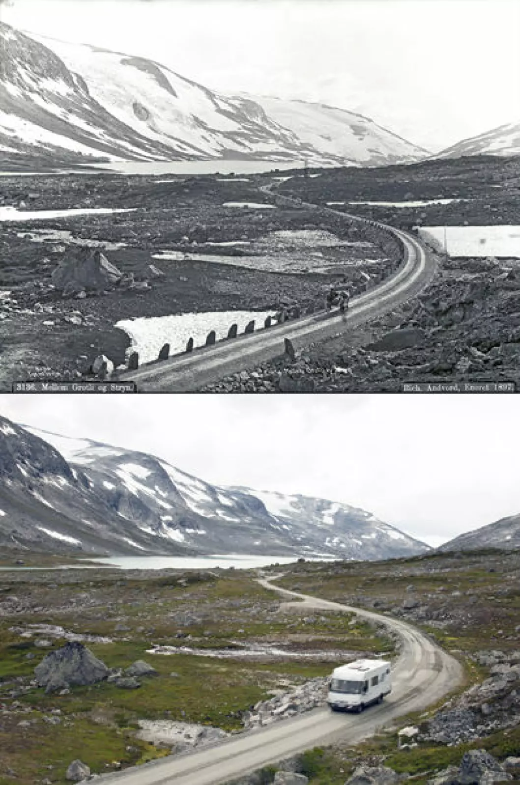 1896 og 2014:&nbsp; Gamleveien mellom Stryn og Grotli, i Skjåk i Oppland. Foto: Axel Lindahl/Oscar Puschmann