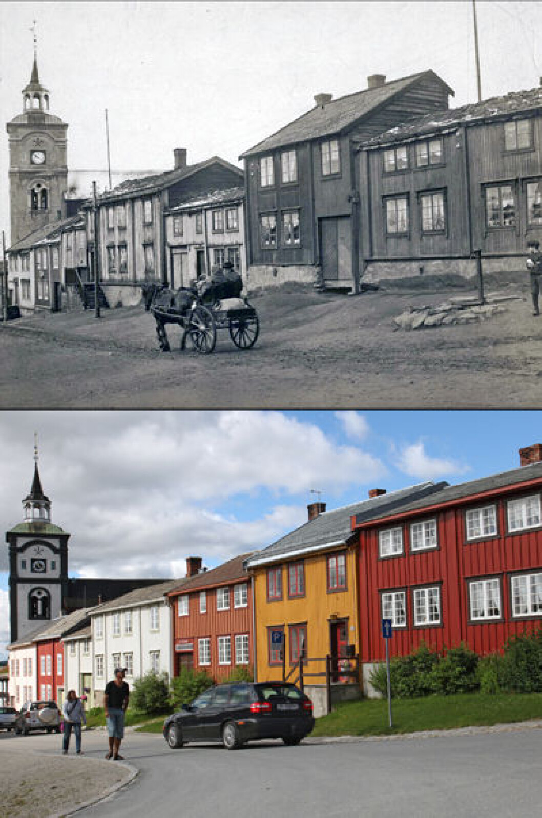 1914 og 2013: Fra Kjerkgata i Røros, Sør-Trøndelag. Foto: Anders Beer Wilse/Oscar Puschmann 1914 og 2013: Fra Kjerkgata i Røros, Sør-Trøndelag. Foto: Anders Beer Wilse/Oscar Puschmann