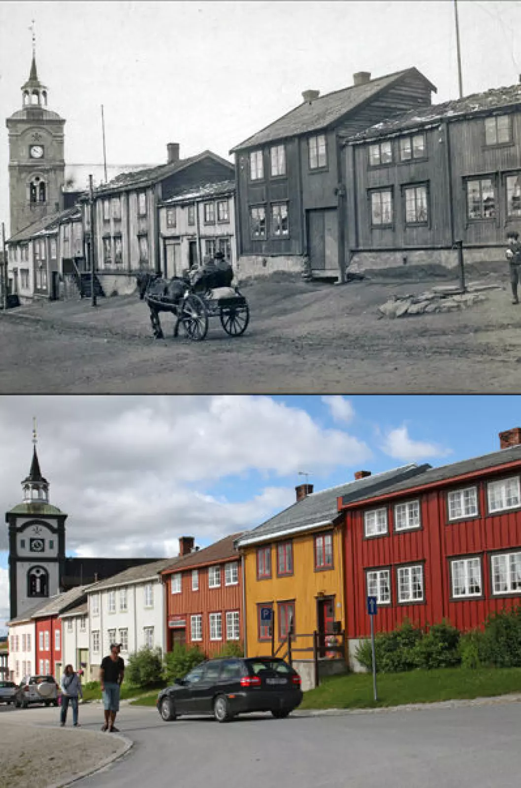 1914 og 2013:&nbsp;Fra Kjerkgata i Røros, Sør-Trøndelag.&nbsp;Foto: Anders Beer Wilse/Oscar Puschmann