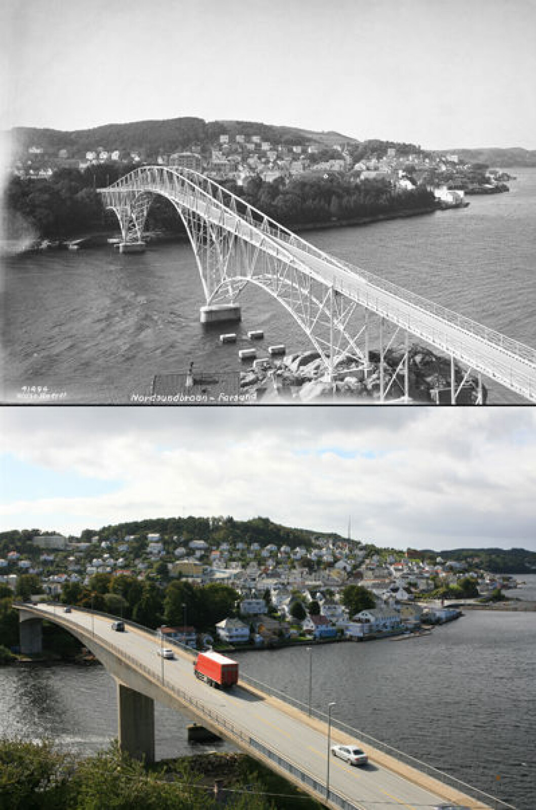 1934 og 2007: Nordsundbrua i Farsund, Vest-Agder. Foto: Anders Beer Wilse/Oscar Puschmann 1934 og 2007: Nordsundbrua i Farsund, Vest-Agder. Foto: Anders Beer Wilse/Oscar Puschmann
