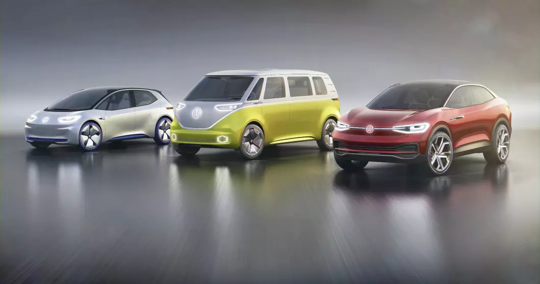 ELEKTRISK FAMILIE: Dette er de første bilene i VWs nye elbil-familie: ID Crozz, ID Buzz og ID Neo. Bilene kommer på veien fra 2020.