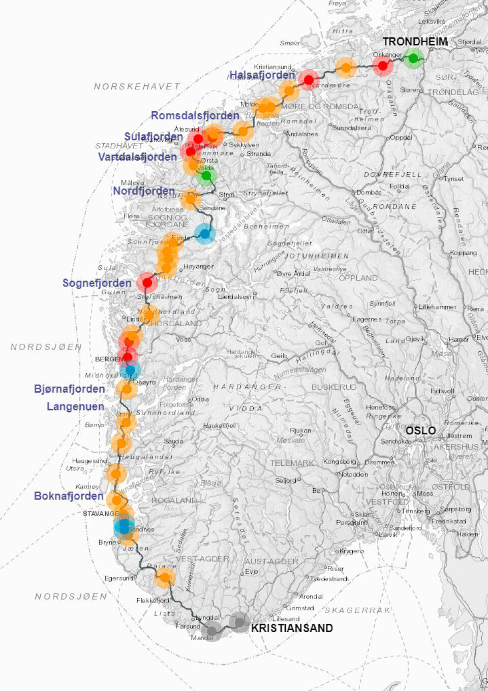 KART: Statens vegvesen har laget et interaktivt kart for alle som vil vite mer om ferjefri E39 på Vestlandet.ILLUSTRASJON: STATENS VEGVESEN.