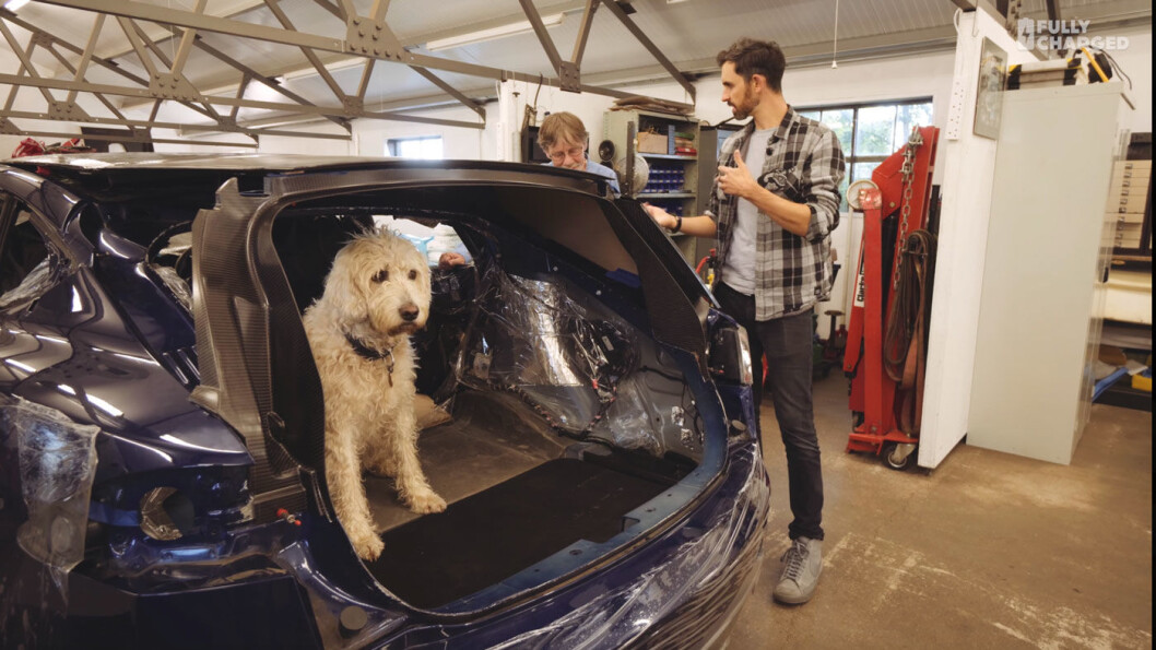 ET HUNDELIV: Her sitter bikkja klar bak i Tesla'en til Phil Hayton. Snart vil omgivelsene være omgjort til en stasjonsvogn. Foto: Fully Charged ET HUNDELIV: Her sitter bikkja klar bak i Tesla'en til Phil Hayton. Snart vil omgivelsene være omgjort til en stasjonsvogn. Foto: Fully Charged
