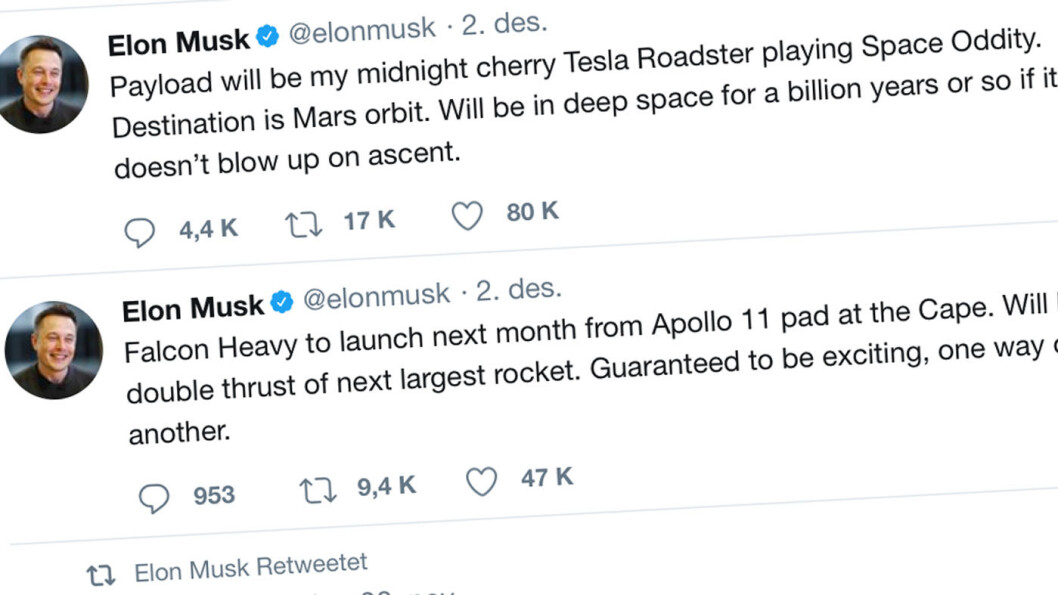 MUSK-MELDING: – Jeg elsker tanken på en bil som svever tilsynelatende endeløst gjennom verdensrommet, sier Tesla-gründer Elon Musk. MUSK-MELDING: – Jeg elsker tanken på en bil som svever tilsynelatende endeløst gjennom verdensrommet, sier Tesla-gründer Elon Musk.