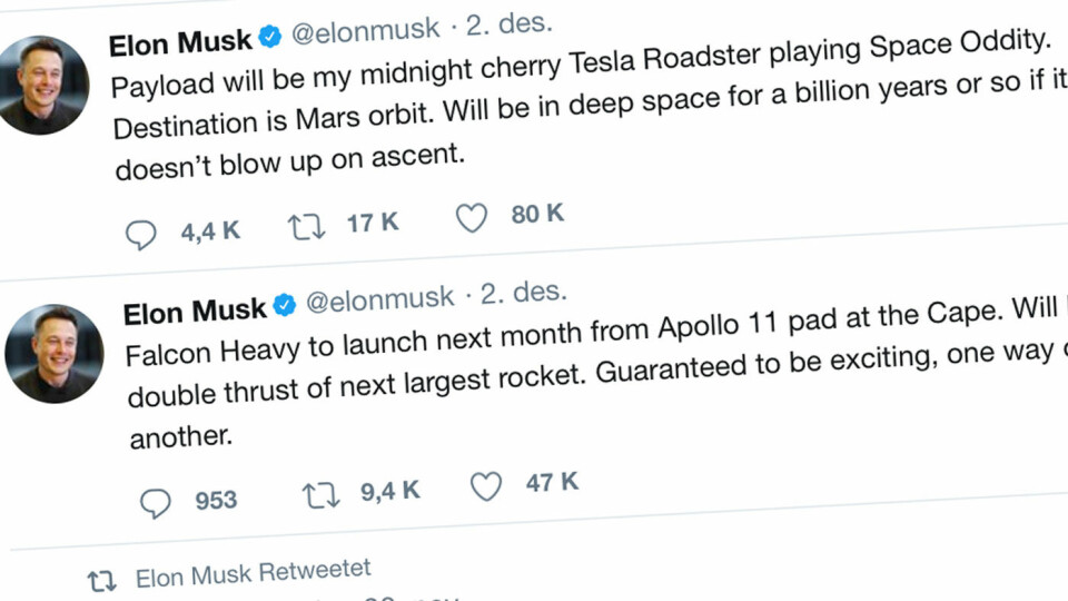 MUSK-MELDING: – Jeg elsker tanken på en bil som svever tilsynelatende endeløst gjennom verdensrommet, sier Tesla-gründer Elon Musk.