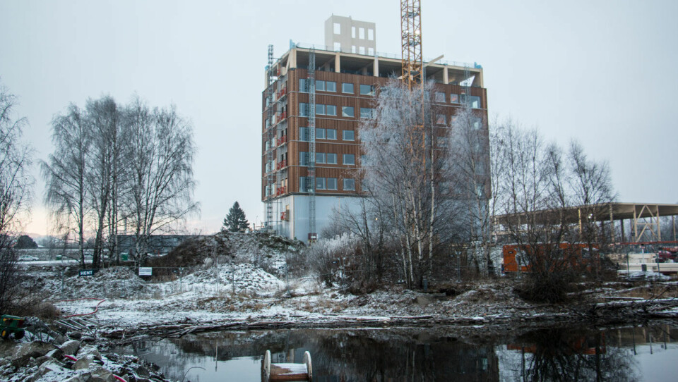 STREKKER SEG: Mjøstårnet med hotellet The Wood skal stå ferdig i mars 2019. Foto: Peter Raaum