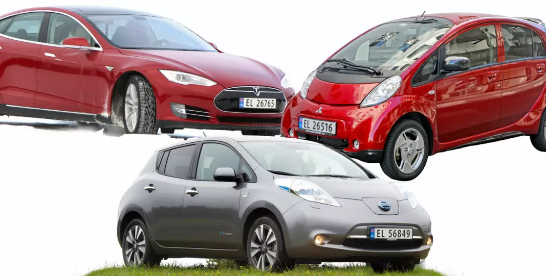 <b>PIONÉRER:</b> De kanskje tre viktigste elbilene i moderne tid: Tesla Model S, Nissan Leaf (foran) og Mitsubishi i-Miev.