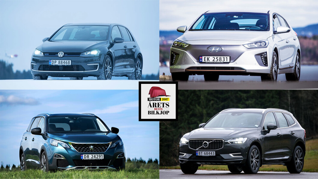 ÅRETS BILKJØP: Her er de fire klassevinnerne (med klokka fra oppe til høyre) – elbilen Hyundai Ioniq, premium-SUV'en Volvo XC60, familiebilen Peugeot 5008 og kompaktbilen VW Golf. ÅRETS BILKJØP: Her er de fire klassevinnerne (med klokka fra oppe til høyre) – elbilen Hyundai Ioniq, premium-SUV'en Volvo XC60, familiebilen Peugeot 5008 og kompaktbilen VW Golf.