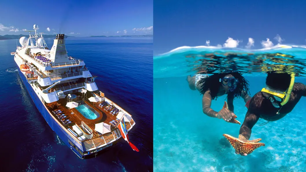 SeaDream er mer av en yacht enn et cruiseskip. Fra badeplattformen i akterenden på skipet kan man bade, drive med vannsport og snorkle i havet. Foto: SeaDream SeaDream er mer av en yacht enn et cruiseskip. Fra badeplattformen i akterenden på skipet kan man bade, drive med vannsport og snorkle i havet. Foto: SeaDream