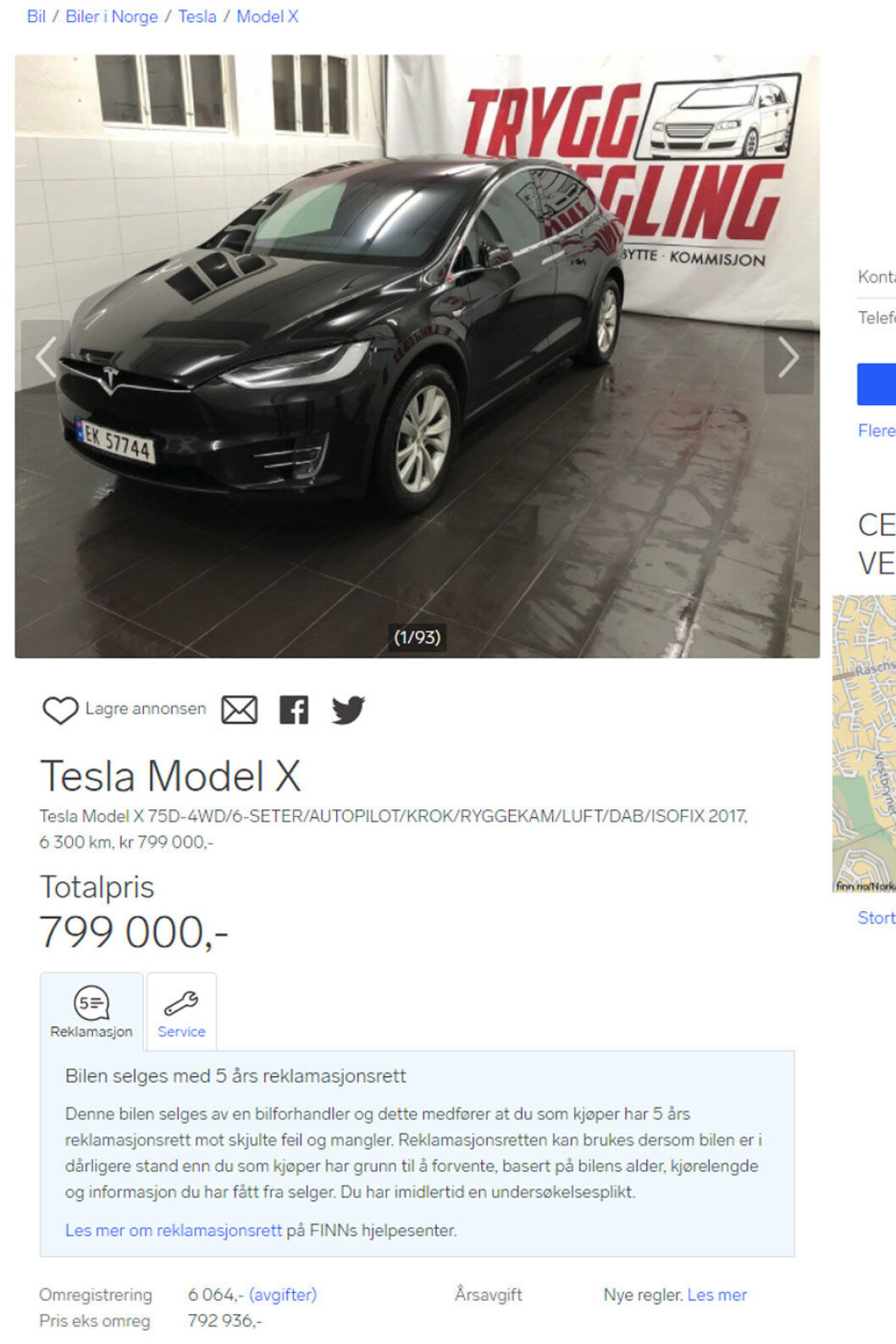 SLIPPER (IKKE) AVGIFT: Inntil videre må du betale omregistreringsavgift for elbiler. Dermed må du betale 799 000 kroner for denne Teslaen, og ikke 793 000 kroner – før eventuell pruting. (Faksimile av annonse fra Finn). SLIPPER (IKKE) AVGIFT: Inntil videre må du betale omregistreringsavgift for elbiler. Dermed må du betale 799 000 kroner for denne Teslaen, og ikke 793 000 kroner – før eventuell pruting. (Faksimile av annonse fra Finn).