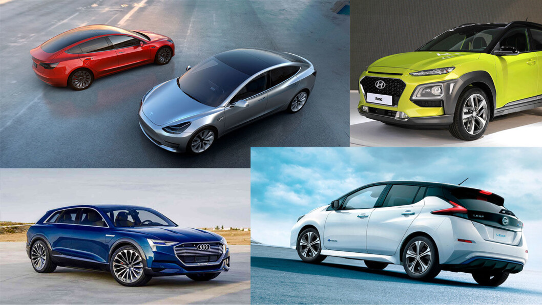MANGE NYE ELBILER: Mange nye, spennende elbiler kommer til Norge i løpet av året – som Tesla Model 3 (fra oppe til venstre), Hyundai Kona, Nissan Leaf og Audi e-tron. MANGE NYE ELBILER: Mange nye, spennende elbiler kommer til Norge i løpet av året – som Tesla Model 3 (fra oppe til venstre), Hyundai Kona, Nissan Leaf og Audi e-tron.