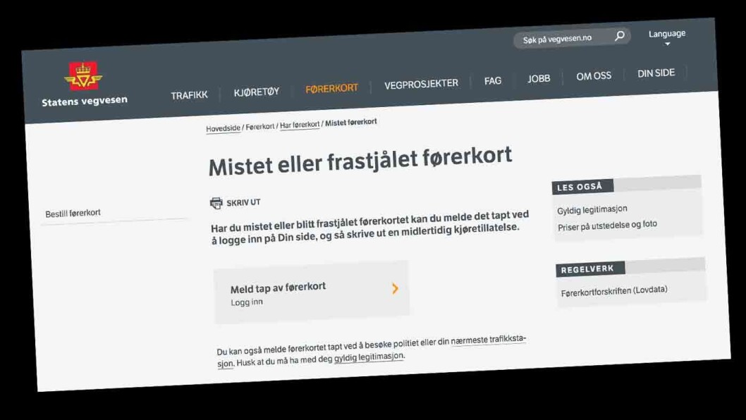 BESTILL HER: Det koster deg 500 kroner hvis du blir tatt uten førerkort. Foto: Faksimile vegvesen.no BESTILL HER: Det koster deg 500 kroner hvis du blir tatt uten førerkort. Foto: Faksimile vegvesen.no