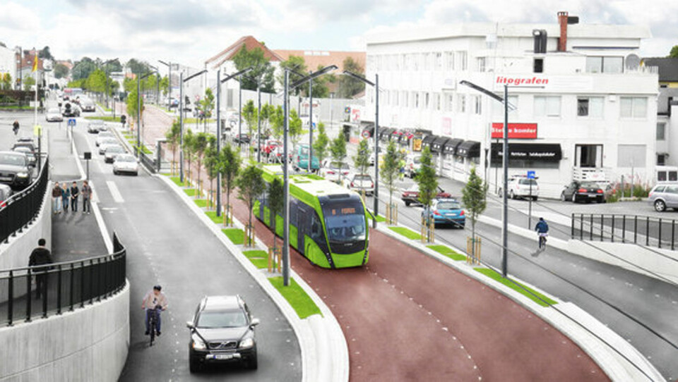 BUSSVEI: En skisse av bussveien med trolleybuss som går på elektrisitet, slik Rogaland fylkeskommune har publisert det på sin nettside. Bussene og Bussveien vil ha et eget design, som ennå ikke er klart, når Bussveien åpner i 2021. Foto: Bussveien.no