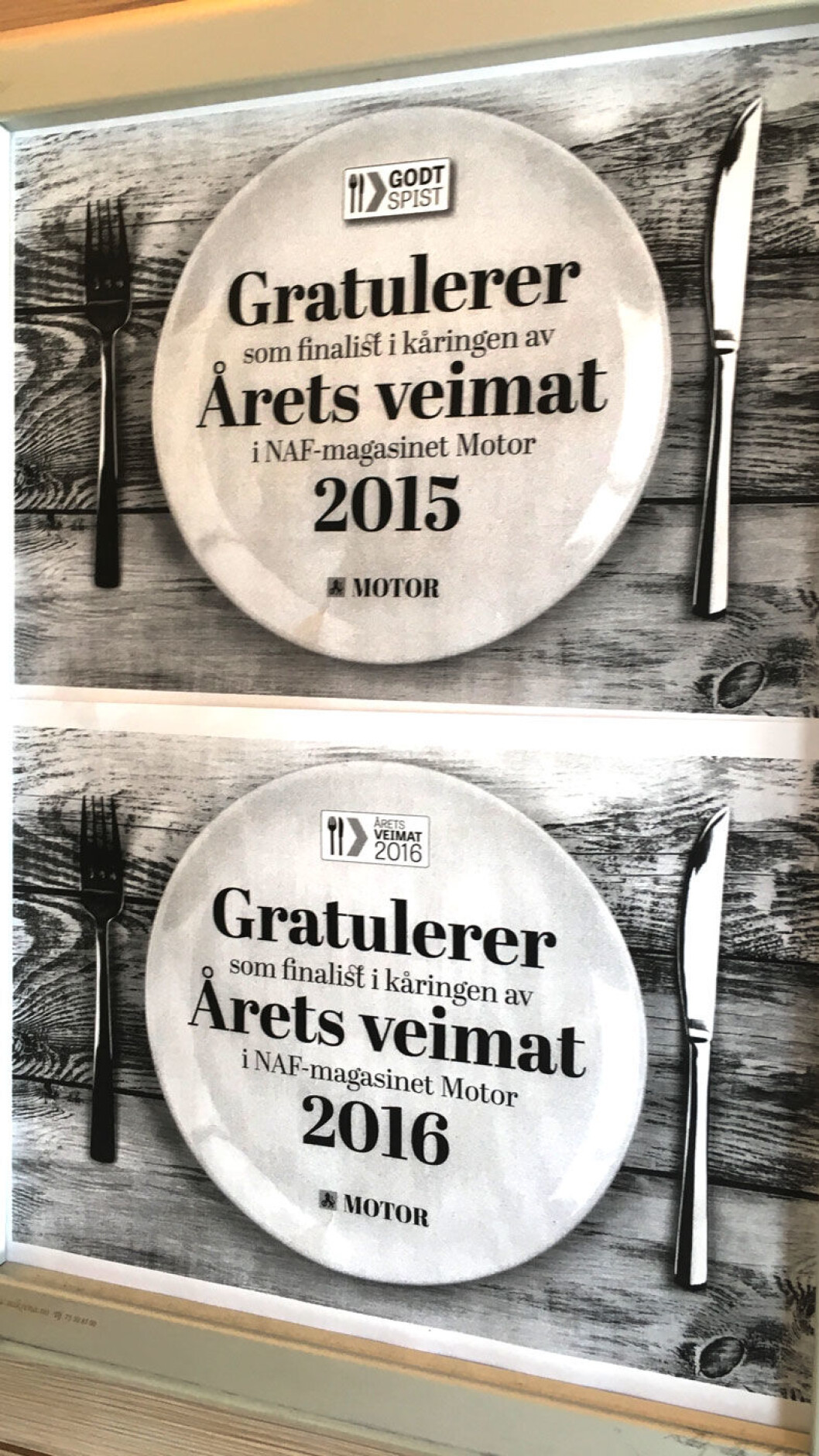 TYDELIG BEVIS: Diplomer fra Motors veimatkåring i inngangspartiet på Skeid kro. TYDELIG BEVIS: Diplomer fra Motors veimatkåring i inngangspartiet på Skeid kro.