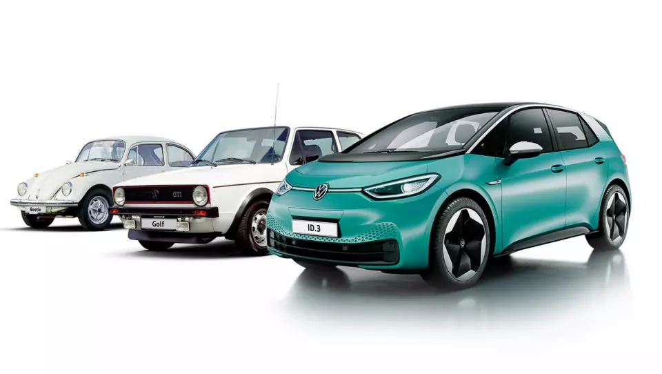 HELLIGE TRE BILKONGER: Volkswagen håper deres ID.3 skal ta en like legendarisk posisjon som Bobla og Golf-en.