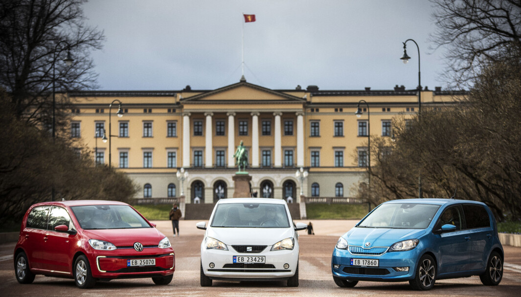 NYE FOLKEVOGNER? De små elbilene VW e-Up, Seat Mii Electric og Skoda Citigo-e (t.h.). NYE FOLKEVOGNER? De små elbilene VW e-Up, Seat Mii Electric og Skoda Citigo-e (t.h.).