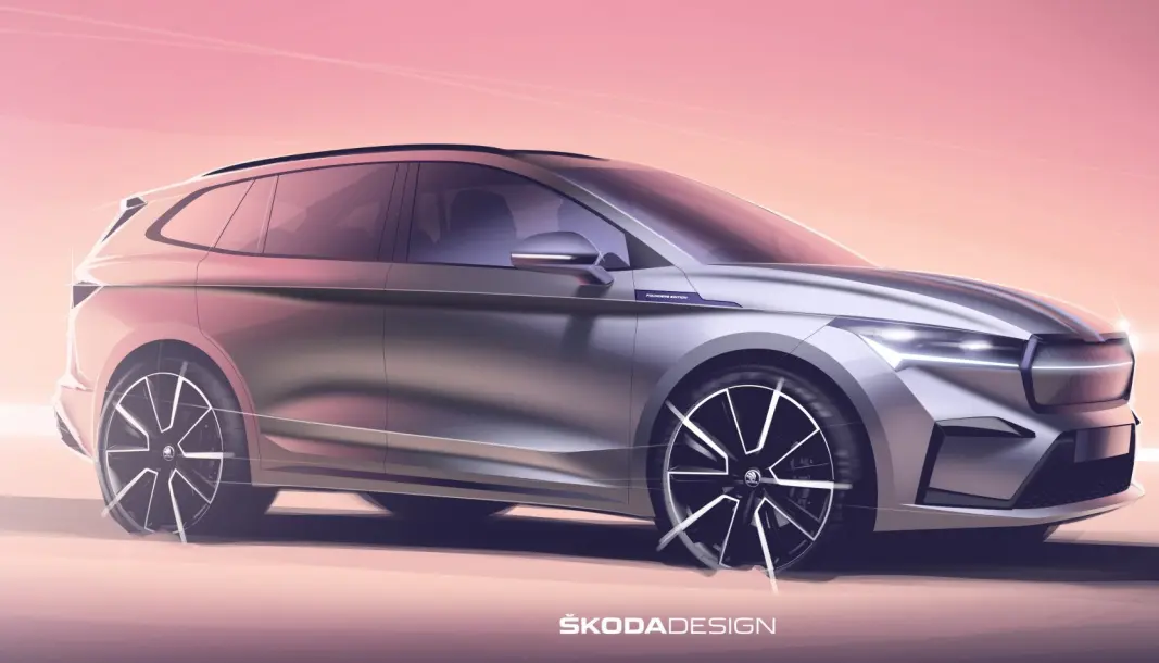 TEGNING: Skoda viser fram denne tegningen av Enyaq noen uker før lansering. TEGNING: Skoda viser fram denne tegningen av Enyaq noen uker før lansering.