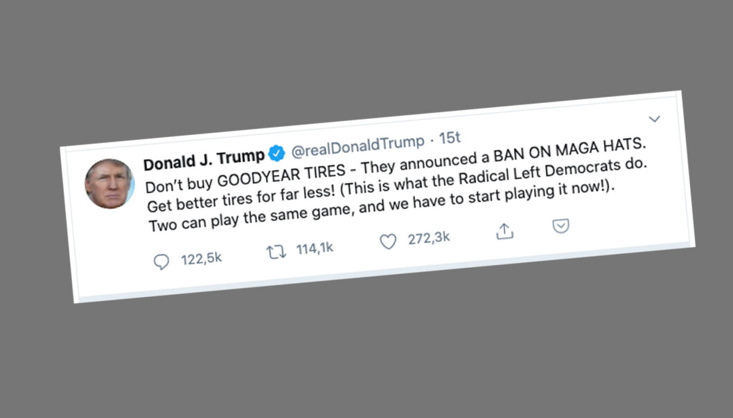 <b>DEKKTIPS: </b>Twittermeldingen fra president Donald Trump i går kveld. <b>DEKKTIPS: </b>Twittermeldingen fra president Donald Trump i går kveld.