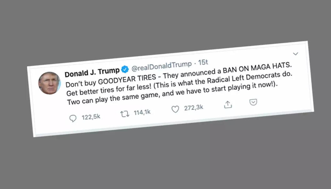 <b>DEKKTIPS: </b>Twittermeldingen fra president Donald Trump i går kveld.