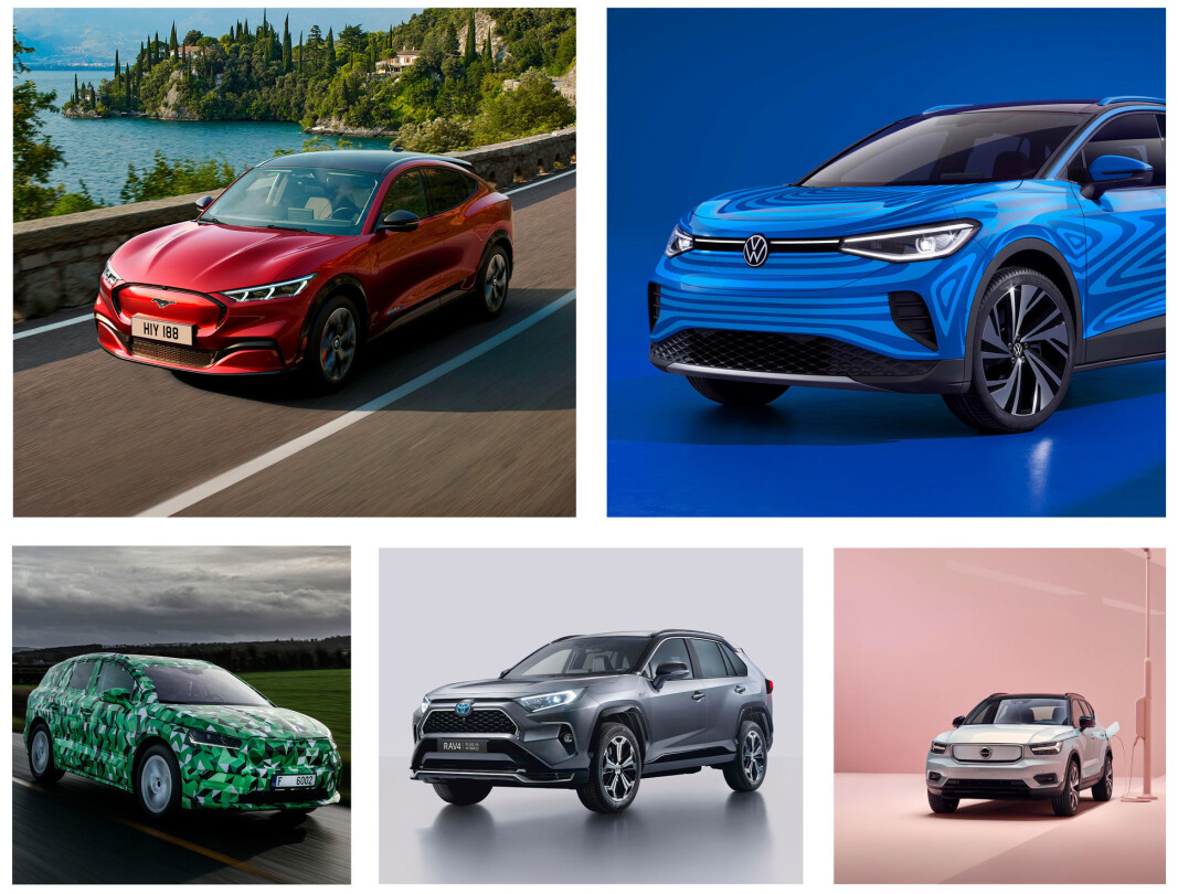 <b>HØYT PÅ LISTENE:</b> Ford Mustang Mach-e (fra øverst venstre med klokka), VW ID.4, Volvo XC40, Toyota RAV4 og Skoda Enyaq. <b>HØYT PÅ LISTENE:</b> Ford Mustang Mach-e (fra øverst venstre med klokka), VW ID.4, Volvo XC40, Toyota RAV4 og Skoda Enyaq.