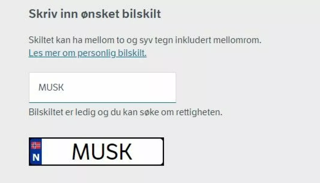 LEDIG: På vegvesenets sider kan du nå søke om å få kalle Teslaen din «Musk».