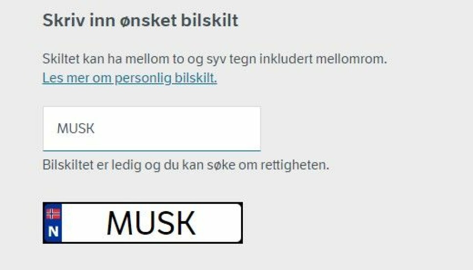 LEDIG: På vegvesenets sider kan du nå søke om å få kalle Teslaen din «Musk».