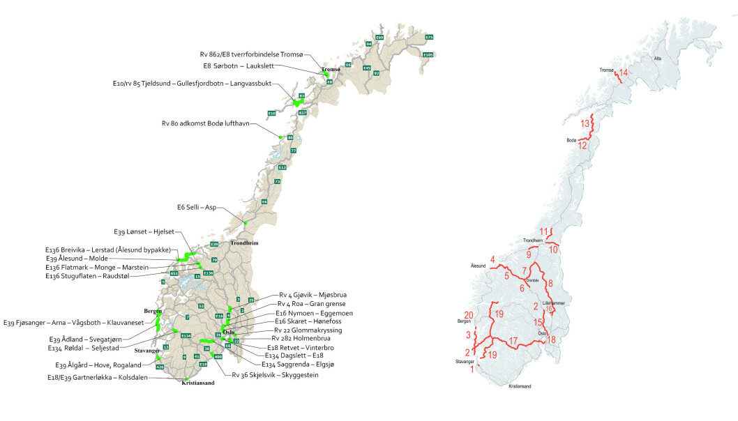FØRSTEPRIORITET: Her er strekningene Statens vegvesen og Nye Veier (t.h.) vil prioritere mot 2033. FØRSTEPRIORITET: Her er strekningene Statens vegvesen og Nye Veier (t.h.) vil prioritere mot 2033.