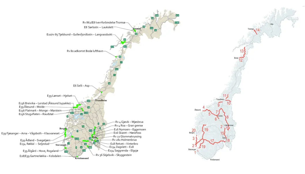 FØRSTEPRIORITET: Her er strekningene Statens vegvesen og Nye Veier (t.h.) vil prioritere mot 2033. FØRSTEPRIORITET: Her er strekningene Statens vegvesen og Nye Veier (t.h.) vil prioritere mot 2033.
